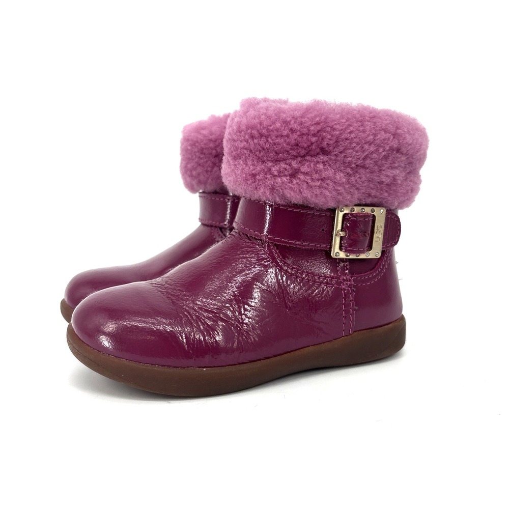 UGG Australia Gemma Hot Pink Leather Fur Boots Kids 8.5 Rhinestone Buckle